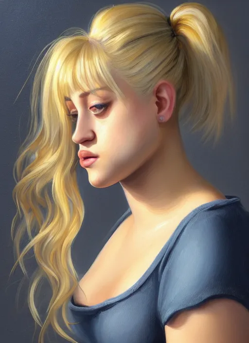 Image similar to full body portrait, teenage lili reinhart, blonde hair, obese, bangs, ponytail, sultry, realistic, sultry, fluffy bangs, shirt, curly bangs, fat, belly, intricate, elegant, highly detailed, digital painting, artstation, concept art, smooth, sharp focus, illustration, art by wlop, mars ravelo and greg rutkowski