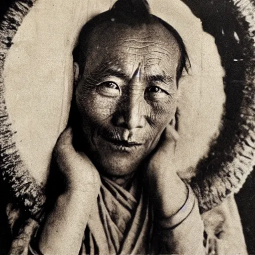 Image similar to ultra realistic vintage photo portrait of a tibetan man with a big hole on the forehead, by Annie Leibovitz,