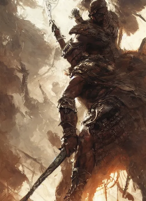 Image similar to ancient historically accurate depiction of the Bible Character Goliath of Gath, the Philistine warrior giant in ancient persian chainmail armor, dramatic lighting art by Yoji Shinkawa by Richard Schmid by greg rutkowski by Sandra Chevrier by Jeremy Lipking cinematic dramatic