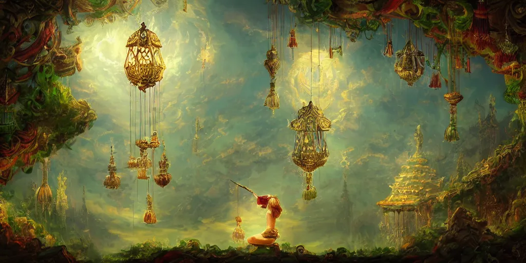 Image similar to painting of a god of wind enjoying his ornate heavenly palace, decorated with windchimes and paper lanterns, stunning green nature in background, spacious palace, digital art trending on artstation