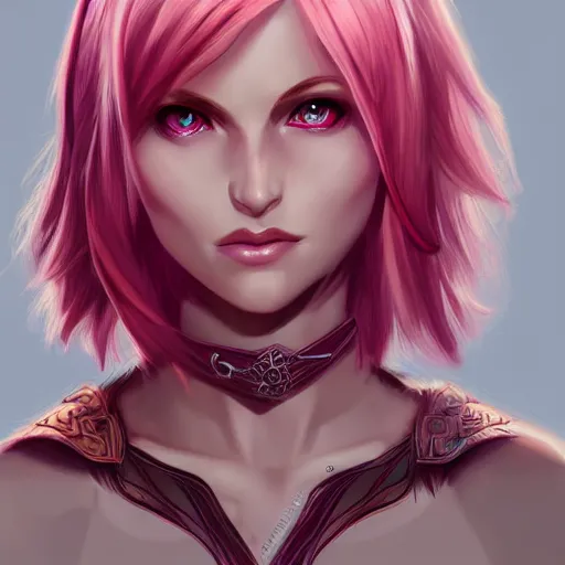 Prompt: half elf woman, dungeons and dragons, beautiful, short pink hair, deep crimson eyes, digital art, smooth, character drawing, focused portrait, artstation, highly detailed, symmetry