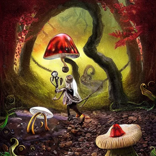 Image similar to Hell and heaven, captured in bottles, an elderly mushroom walking their pet snail, The Autumn Plague Gardener, the theme of Alice in Wonderland, digital painting, its softness partakes of fluidity, illustration, deep dark, artstation, intricate, biodiversity in a world of change and constancy, ue5, by deiv calviz and bossmonsterbani