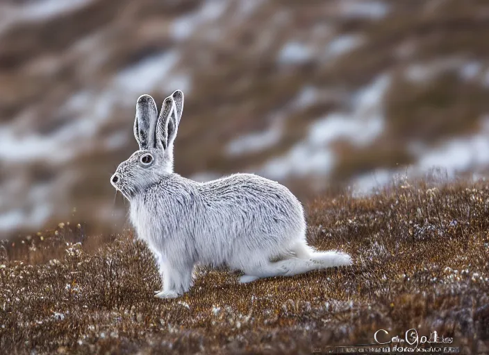 Image similar to photograph of a arctic hare on a mountain, winter, landscape photography, award winning, canon, sony, nikon, 4 k, hd