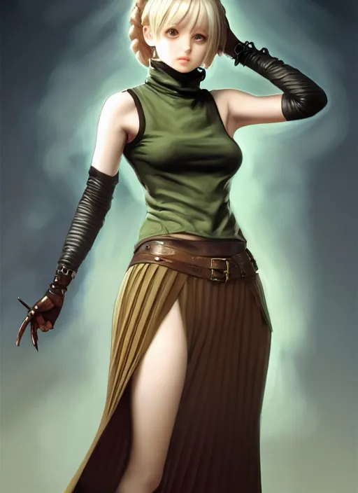 Image similar to portrait of a full body of beautiful young female detective, d & d, sleeveless turtleneck, pleated skirt, fantasy, flat lighting, intricate, highly detailed, digital painting, artstation, concept art, smooth, sharp focus, illustration, misa amane, art by simon bisley and greg rutkowski and alphonse mucha, natural tpose