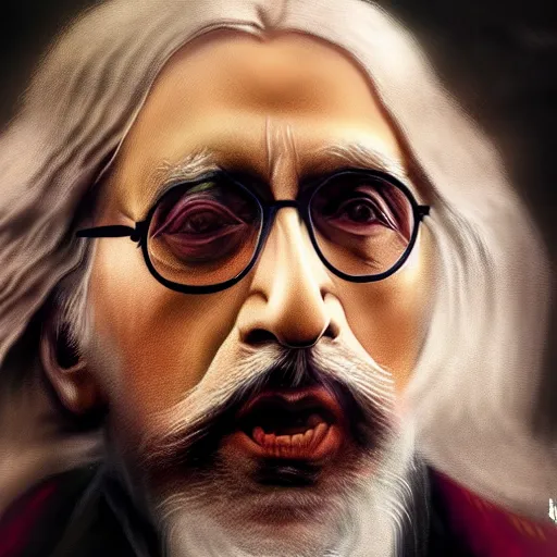 Prompt: amitabh bachhan as dumbledore, portrait, 4 k, realistic, cinematic, volumetric lighting