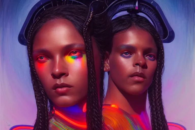 Prompt: patron saint of 🛸🌈👩🏾, long braids, futuristic clothing, neon god of city character portrait, in the style of moebius, tom bagshaw, and waterhouse, cinematic lighting, beautiful, elegant, sharp focus, oil painting, beautiful eyes,