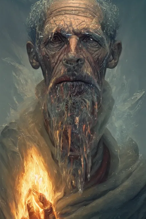 Prompt: the look of an elderly person, necromancer, witch - doctor covered with ice exploding into fire, full of wrinkles and imperfections, highly detailed, high contrast, light reflection, trippy, nebula, trending on artstation by artgem and greg rutkowski, by peter mohrbacher, wlop, ruan jia