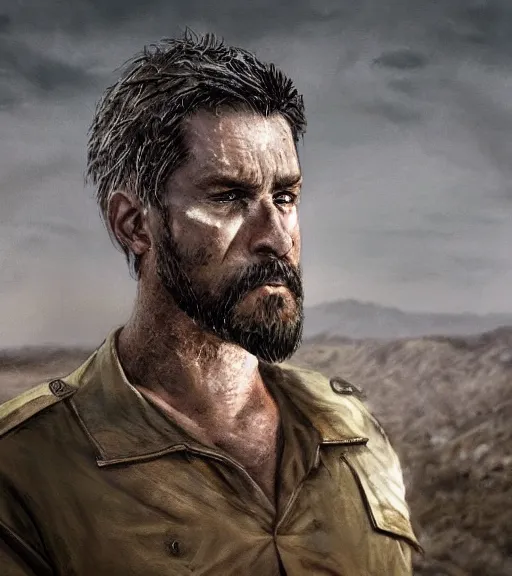 Image similar to portrait of muscular, tired and alcoholic 3 0 - year - ol 5 grieving man with short darkblonde hair, serious sad look in his eyes, looking down, dirty beard, blue eyes, crying tears, wearing dirty soldier uniform, on the desert, sad atmosphere, hyper realistic face, character art, art by mark brooks, cryengine, trending on artstation, digital art