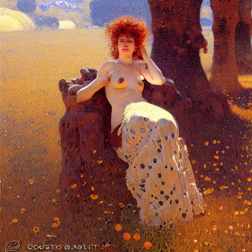 Image similar to portrait of a female cow woman wearing a dress. furaffinity farm fantasy highly detailed painting by gaston bussiere craig mullins jc leyendecker gustav klimt artgerm greg rutkowski john berkey, bergey, craig mullins, ruan jia, raymond swanland, jeremy mann, tom lovell, alex malveda