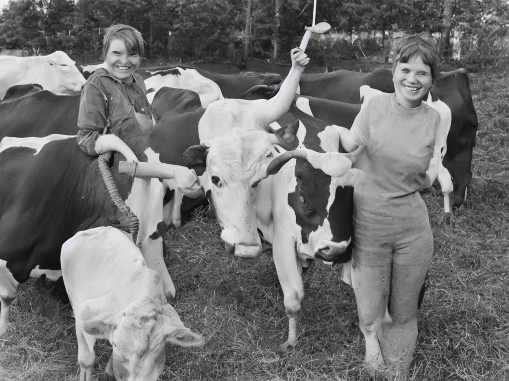 Prompt: happy finnish girl milking a cow and smiling to the camera, 1 9 6 6, home album pocket camera photo, detailed facial features, hyper realistic