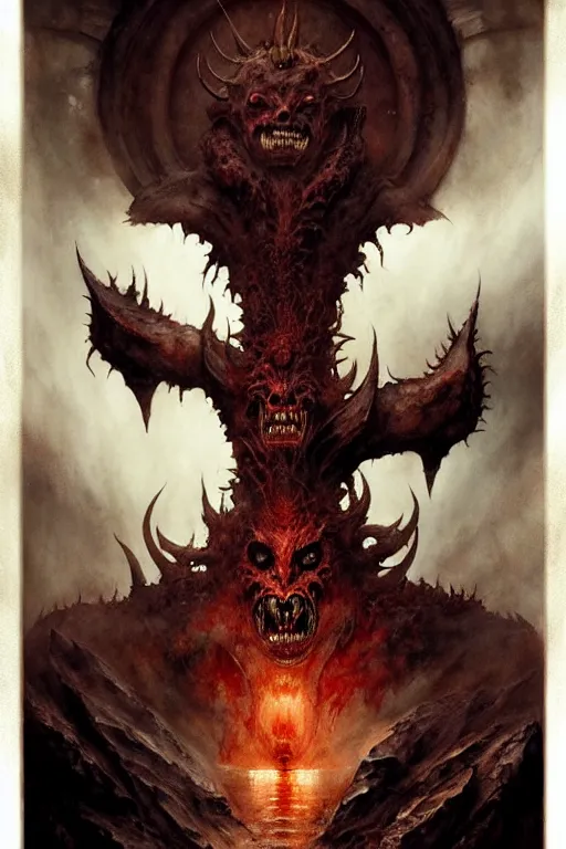 Image similar to hells gate demon lord | esoteric symbolism | jean - baptiste monge, esao andrews, bastien lecouffe - deharme, tim jacobus, ken currie | ultra - detailed realism, soft cinematic lighting, hi - fructose, artstation, high - quality, ink watercolors wes anderson poster art