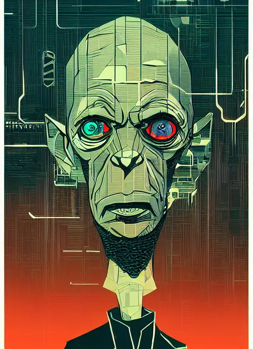 Prompt: portrait of gollum, cyberpunk, artstation, art by petros afshar, tom whalen, laurie greasley and greg rutkowski and ilya kuvshinov