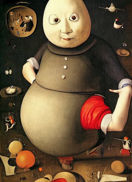 Prompt: full body detailed painting of silly round humpty dumpty with jack black facial expression, realistic, by hieronymus bosch and pieter brueghel