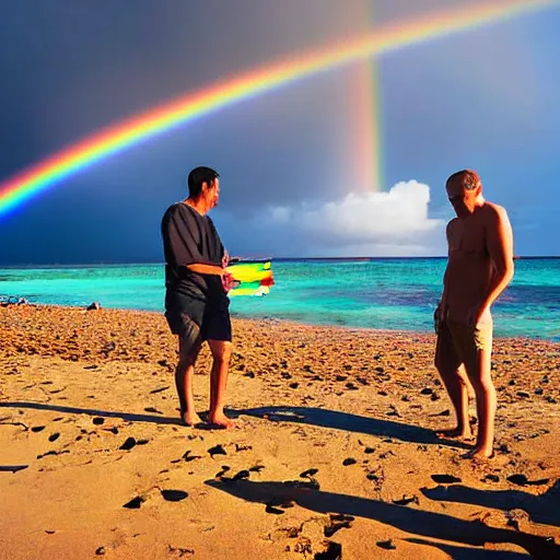 Image similar to two guys in hawaii, sick with covid on the beach, with a rainbow, photograph