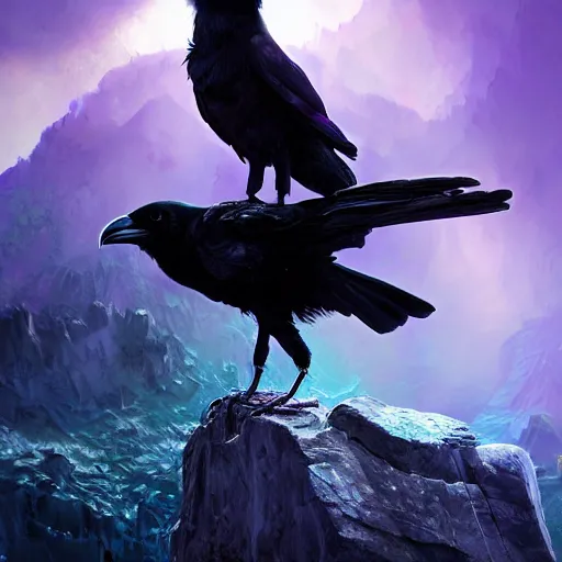 Image similar to portrait of a beautiful raven perched on purple crystals that are glowing in a misty valley, establishing shot, extremly high detail, foto realistic, cinematic lighting, by Yoshitaka Amano, Ruan Jia, Kentaro Miura, Artgerm, post processed, concept art, artstation, raphael lacoste, alex ross