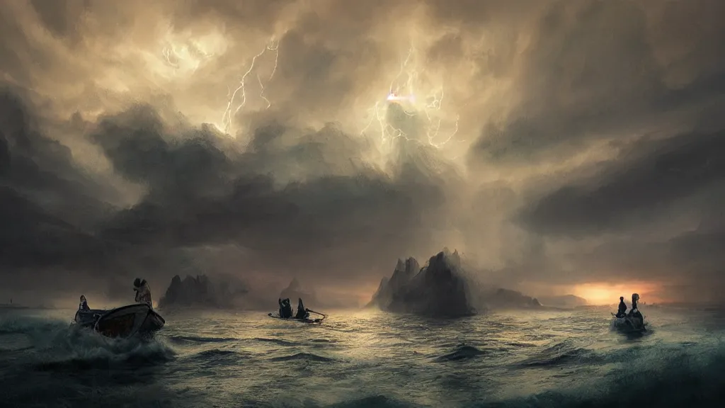 Image similar to small boat in foreground, giant big monster in the background, lightning in background, intricate, detailed, volumetric lighting, sharp focus, scenery, photorealism, digital painting, highly detailed, concept art, ruan jia, steve mccurry