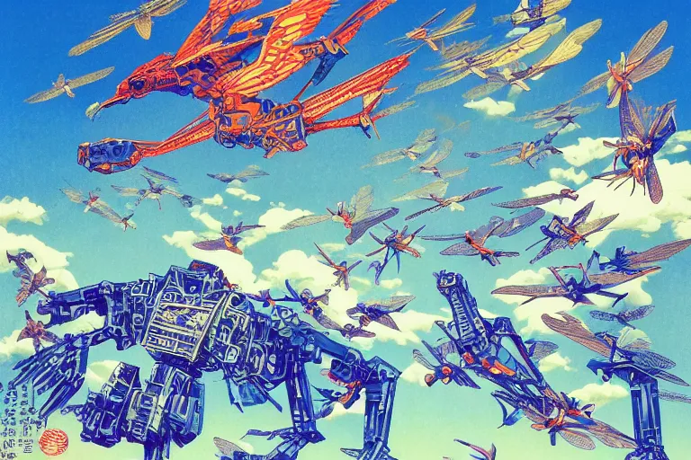 Image similar to gigantic mecha arzach birds with dragonflies, tiny rats, a lot of exotic animals around, big human faces everywhere, helicopters and tremendous birds, risograph drawing by satoshi kon and moebius, matte summer blue colors, surreal psychedelic design, 4 k