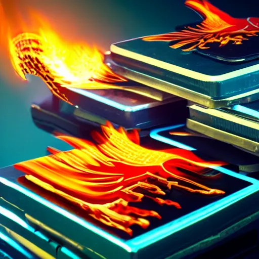 Image similar to a flaming phoenix sitting on a pile of harddisks protecting a database, 8 k, 3 5 mm