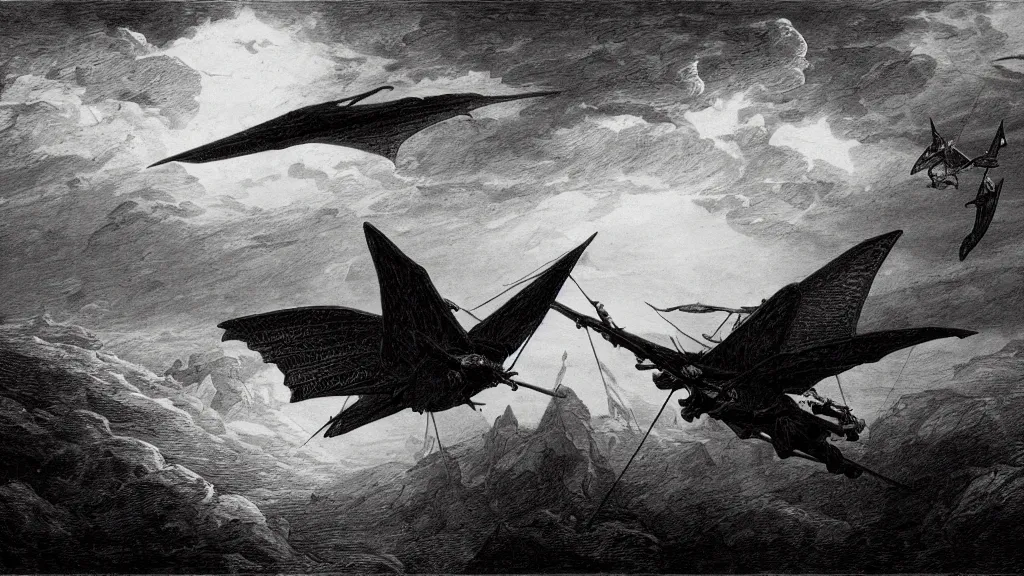 Image similar to drawing of an ornithopter flying toward a desert storm, by gustave dore, nineteenth century, black and white, vintage, science fiction, epic composition, dramatic lighting, highly detailed, cinematic