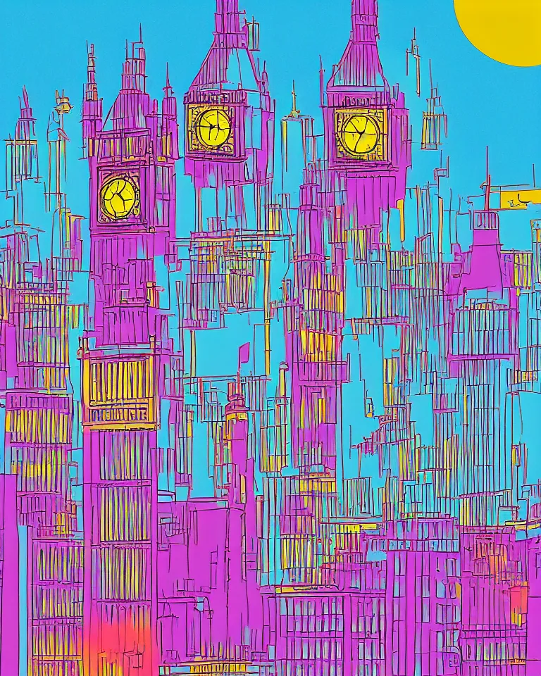 Image similar to city of london, london bridge, big ben, bright colors, in the style of hiroshi nagai, very detailed