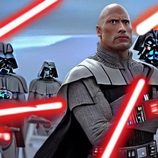 Prompt: an army of dwayne johnson facing darth vador, realistic, star wars