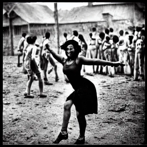 Prompt: shantae dancing in prison camp, wwii, full color photo