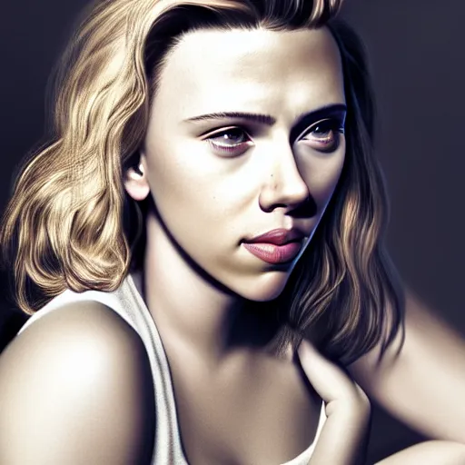 Image similar to intricate beautiful portrait of a young scarlett johansson,, hair in a ponytail, smiling softly, casual clothes, relaxing on the couch, home interior, golden hour, close up shot, 8 k, hyperreal art by irakli nadar, hyperrealism, hyperdetailed, ultra realistic