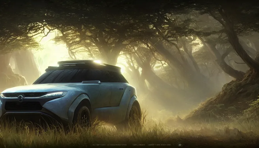 Image similar to a concept suv designed by apple driving through african savanna, artgerm and greg rutkowski and alphonse mucha, an epic fantasy, volumetric light, detailed, establishing shot, an epic fantasy, trending on art station, octane render, midsommar