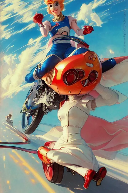 Image similar to princess peach style of speed racer, dynamic pose, retro anime, intricate, futuristic, fantasy, elegant, by Stanley Artgerm Lau, Margaret Keane, greg rutkowski, thomas kindkade, alphonse mucha, loish, norman Rockwell,