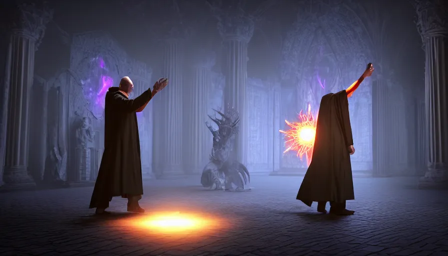 Image similar to ! dream an occult priest performs demonic ritual to summons monsters with magic and a glowing sigil in a fantastic temple, volumetric lighting, magical lighting, raytracing, dynamic lights and shadows, photorealistic render, digital art, wallpaper