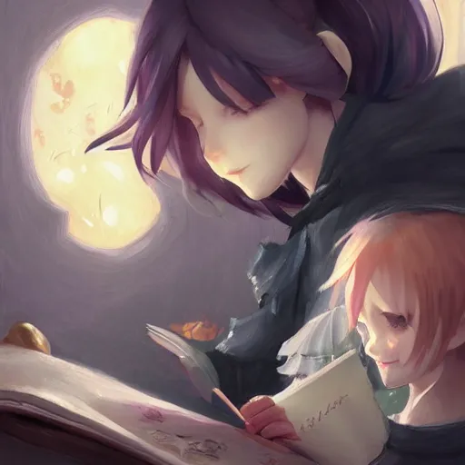 Image similar to little witch opening a book, artwork by cushart, krenz