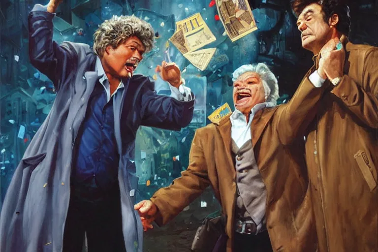 Image similar to portrait of rip taylor throwing confetti while peter falk as detective columbo im trenchcoat solves a case, an oil painting by ross tran and thomas kincade