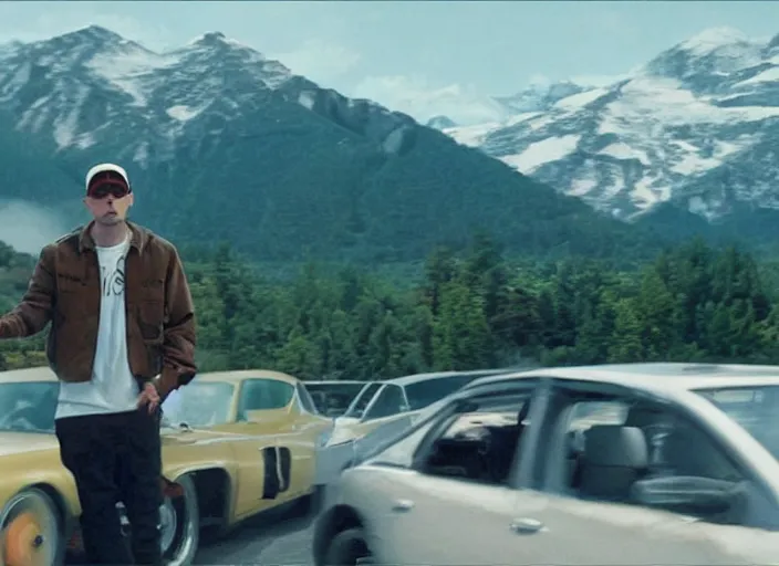 Image similar to a very high resolution image from a new movie, eminem driving a car. mountains, directed by wes anderson