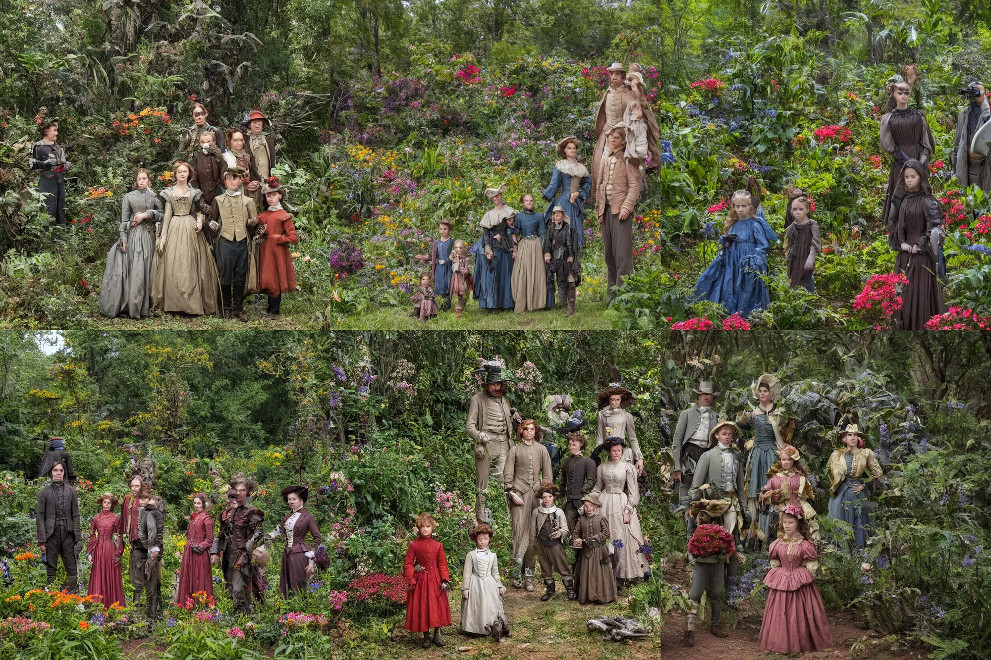 Prompt: sharp, highly detailed, 36864k film, 175000mm film still from a sci fi blockbuster color movie made in 2019, set in 1860, of a family standing in a park, next to some strange alien plants and flowers, on an alien planet, the family are all wearing 1860s era clothes, good lighting, enhanced faces, 700mm f/2.8L lens