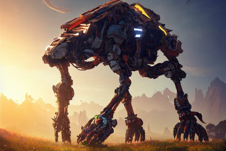 Image similar to tallneck machine mecanical creature robot of horizon forbidden west horizon zero dawn radiating a glowing aura global illumination ray tracing hdr fanart arstation by ian pesty and alena aenami artworks in 4 k