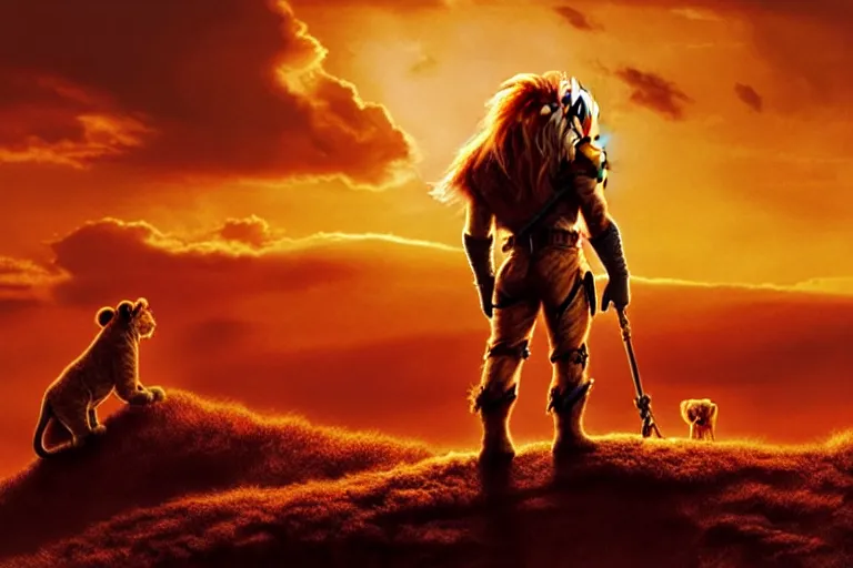 Image similar to simba ( from the lion king ), heavily armed and armored facing down armageddon in a dark and gritty reboot from the makers of mad max : fury road : witness me