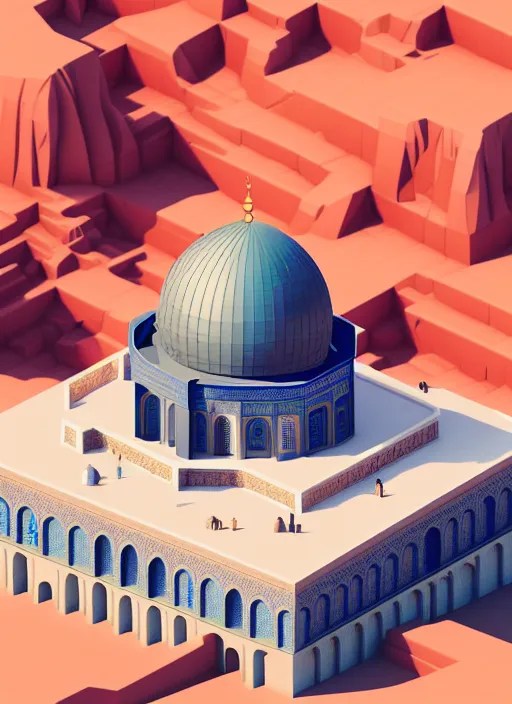 Prompt: a low poly isometric render of dome of the rock in the style of monument valley, intricate, elegant, smooth shading, soft lighting, illustration, simple, solid shapes, by magali villeneuve, jeremy lipkin and michael garmash, rob rey and kentaro miura style, octane render