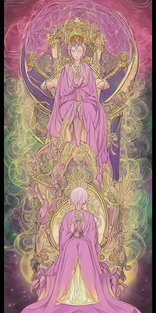 Image similar to a mystical woman priestess sitting on a throne, the divine feminine, drawn by studio UFOTABLE, fine line work, pastel colors