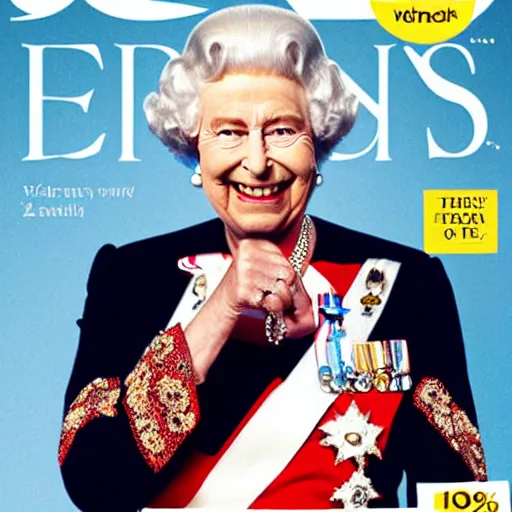 Prompt: the queen of england grinning and flipping the bird, in a magazine cover photo.