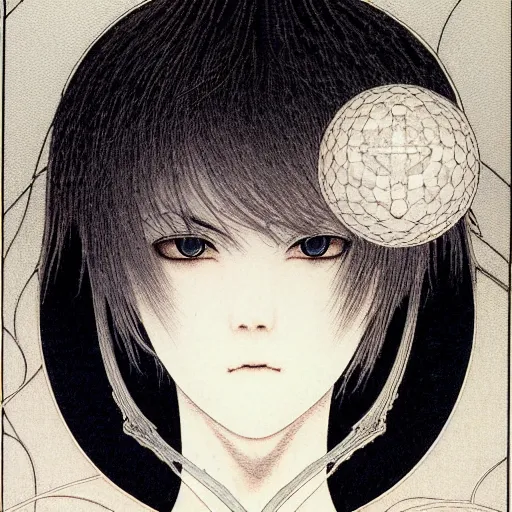 Image similar to prompt: Fragile looking vessel portrait soft light drawn by Takato Yamamoto, inspired by Fables, weapons around the face ancient dark chrome knight armor, magical and alchemical objects on the side, soft light, white background, intricate detail, intricate oil painting detail, sharp high detail, manga and anime 2000