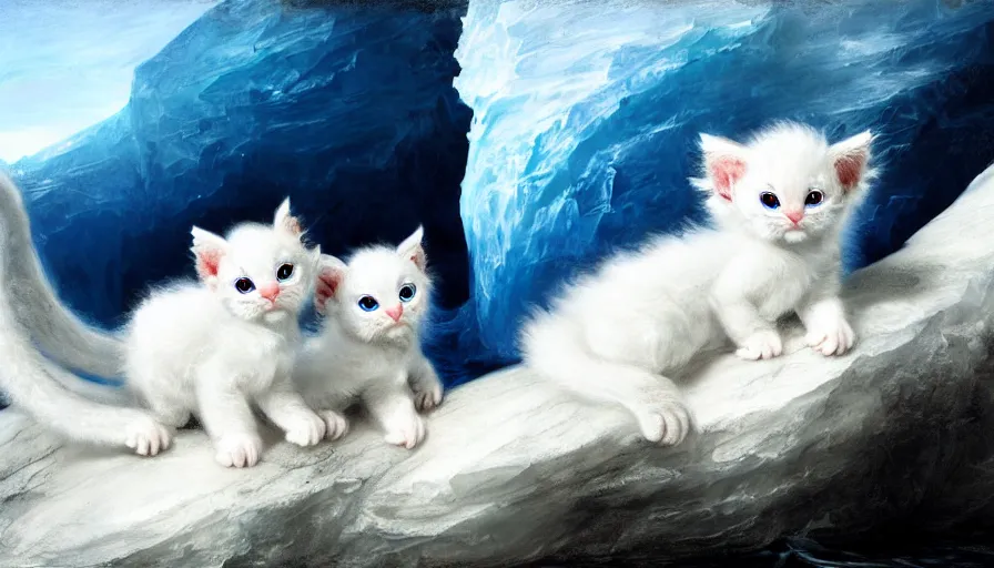 Prompt: highly detailed painting of white cute baby furry japanese dragon kittens on a blue and white iceberg by william turner, by greg rutkowski, by william constable, thick brush strokes and visible paint layers, 4 k resolution