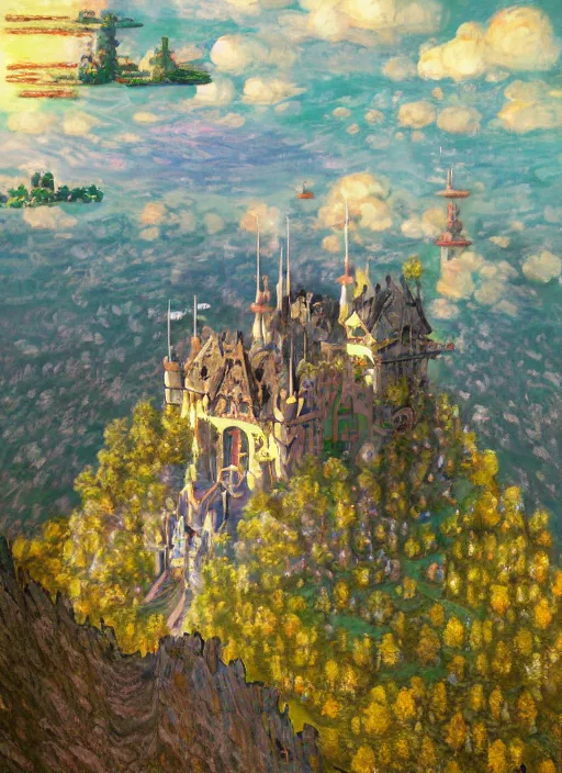 Prompt: retro - futurism anime castle on a mountain in clouds with lots of details look from above rule of thirds golden ratio, fake detail, trending pixiv fanbox, acrylic palette knife, artwork by claude monet