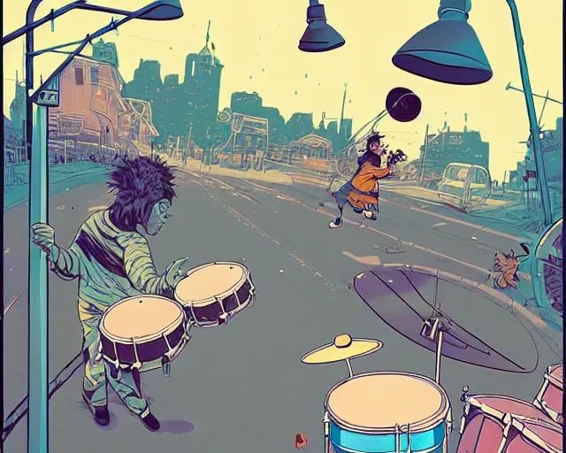 Prompt: a study of cell shaded cartoon of a band playing a microKorg synthesizer and drums floating above a country road, street lamps, road, illustration, wide shot, subtle colors, post grunge, concept art by josan gonzales and wlop, by james jean, Victo ngai, David Rubín, Mike Mignola, Laurie Greasley, highly detailed, sharp focus, Trending on Artstation, HQ, deviantart, art by artgem