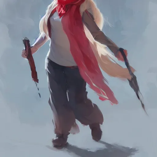 Image similar to full body portrait of a girl sorcerer with white hair in a hairbun, she is wearing a thin subtle red scarf around her neck, she is holding a large wand. cgsociety masterpiece, artstation trending, by rossdraws, ghibli, kimi no na wa, greg rutkowski, simon stalberg, greg manchess