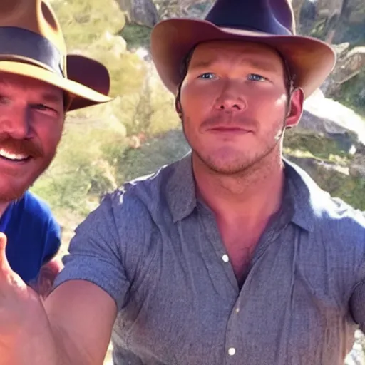 Image similar to chris pratt as indiana jones taking a selfie with harrison ford, instagram, cinematic, natural lighting, genuine smile