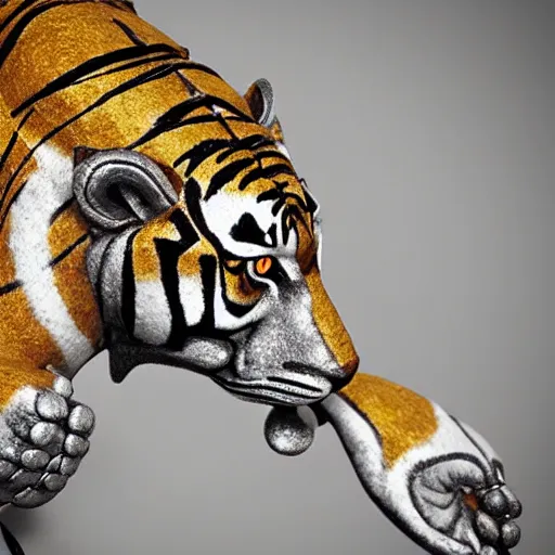 Image similar to an intricate statue of a tiger made of precious metals and stones by the most talented jeweler, unreal engine 5