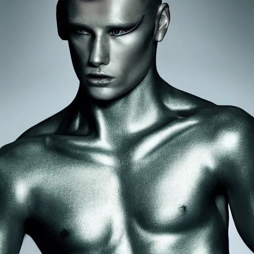 Prompt: an holographic athletic beautiful male space king, photographed by erwin olaf