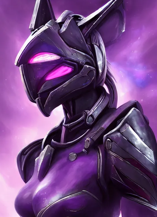 Image similar to cinematic bust shot, cosmic sized proportional stunning beautiful hot female warframe, detailed robot mecha female dragon head, metal ears purple eyes, sleek silver armor, fuschia skin, floating in empty space, nebula sized, posing elegantly, epic proportions, epic size, epic scale, furry art, dragon art, giantess art, warframe fanart, furaffinity, deviantart