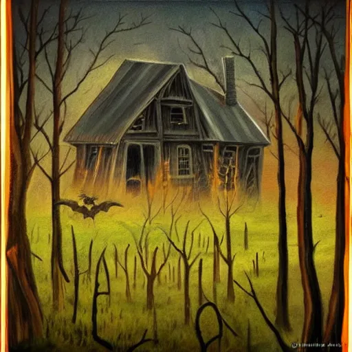 Image similar to a painting of a Eerie cabin in the middle of the woods in the style of a death metal album cover