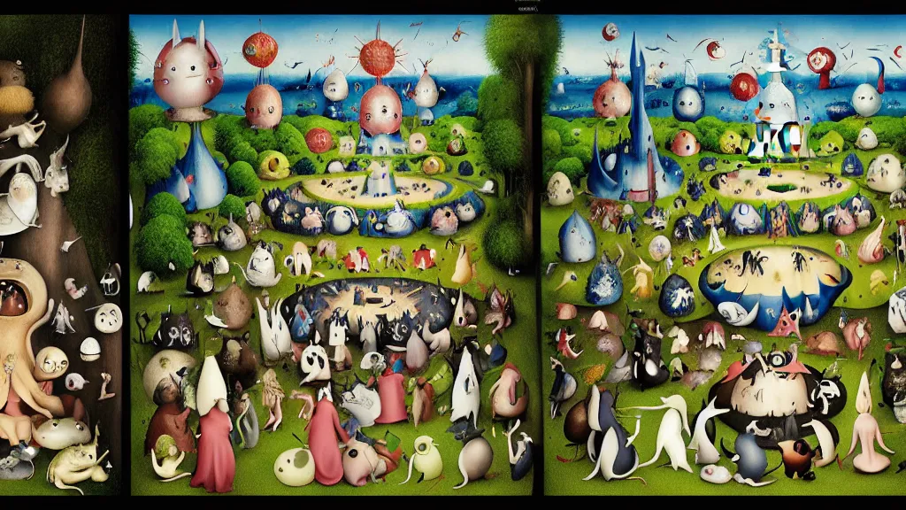 Image similar to garden of earthly delights by studio ghibli. totoro. digital painting. digital render. hieronymus bosch